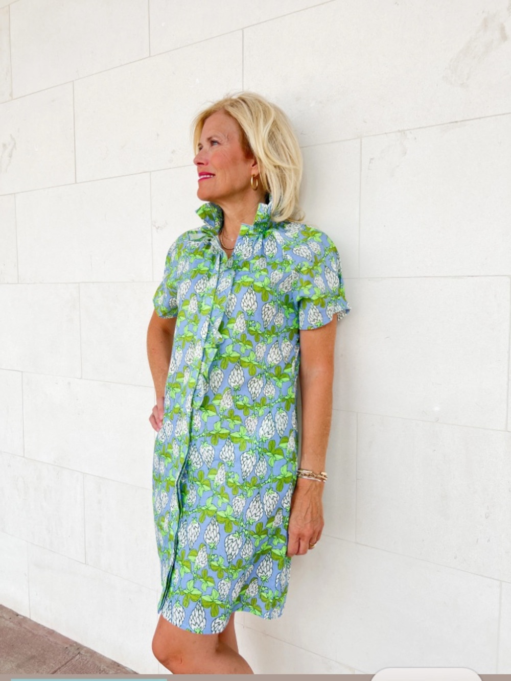 Boho Chic  Blue and Green Ruffle collar Dress 
Artichoke pattern